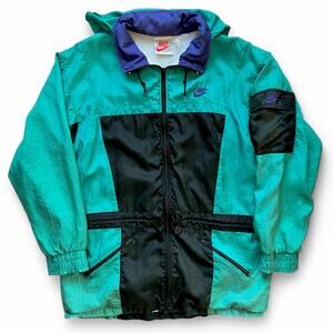Vintage 90s Nike Windbreaker Parka Zip Jacket Green Purple Black Swoosh Spellout